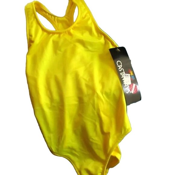New Vintage Girls 10 Yellow One-Piece Swimsuit Size 10 Nylon Lycra Blend 1980's - Picture 1 of 4